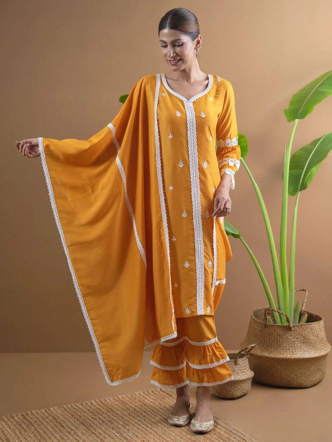 Yellow Embroidered Shantoon Suit Set - Libas