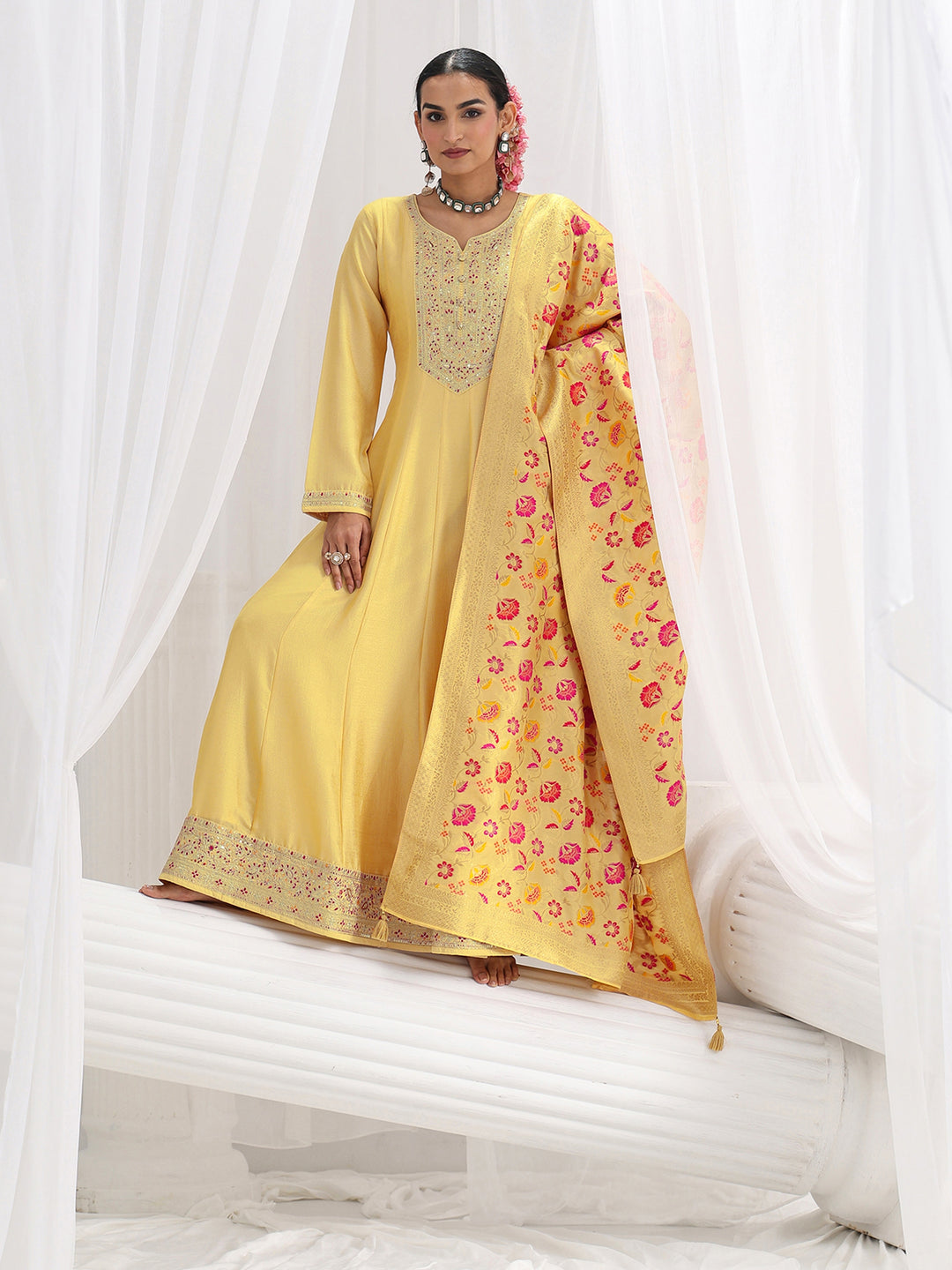  Yellow Embroidered Silk A-Line Gown With Dupatta 