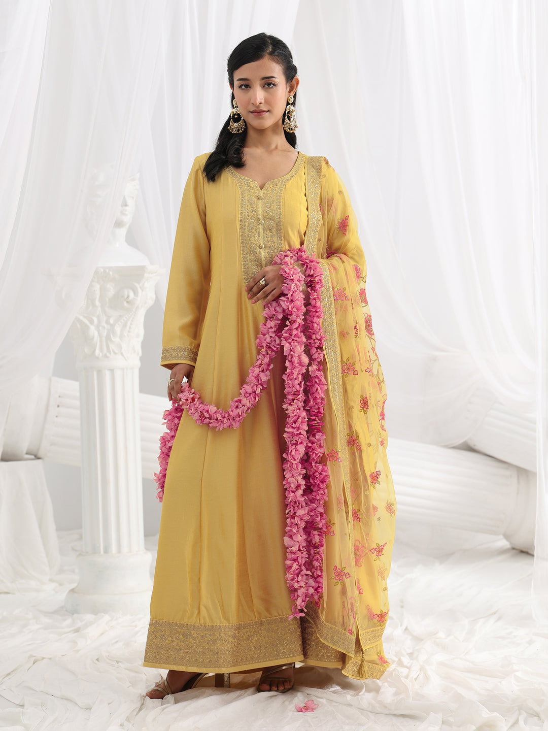  Yellow Embroidered Silk A-Line Gown With Dupatta 