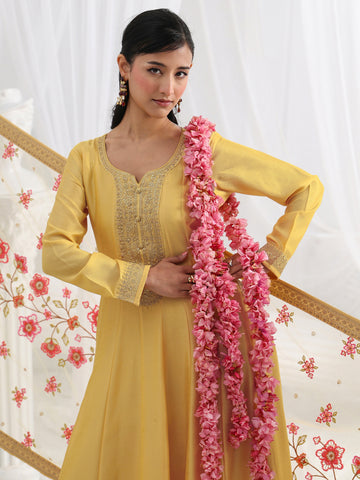 Yellow Embroidered Silk Blend A-Line Suit Set With Dupatta