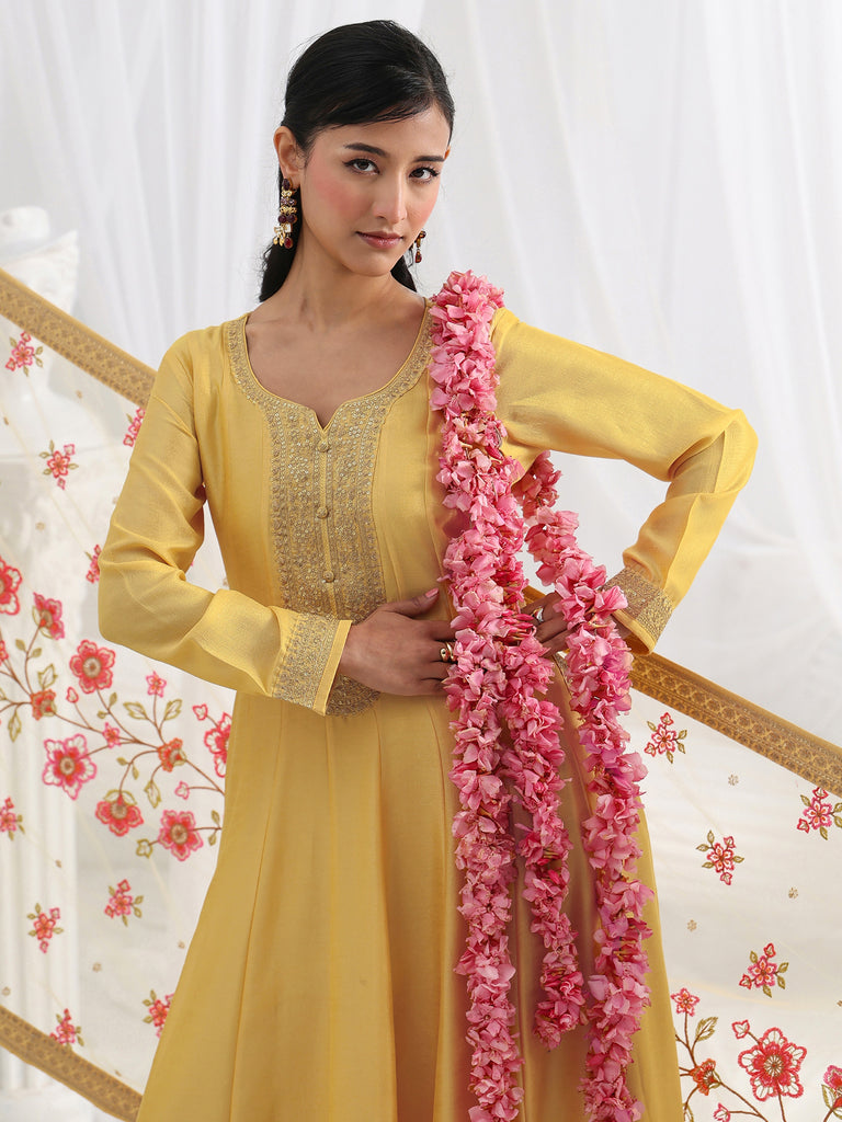 Libas Yellow Embroidered Silk Blend A-Line Suit Set With Dupatta