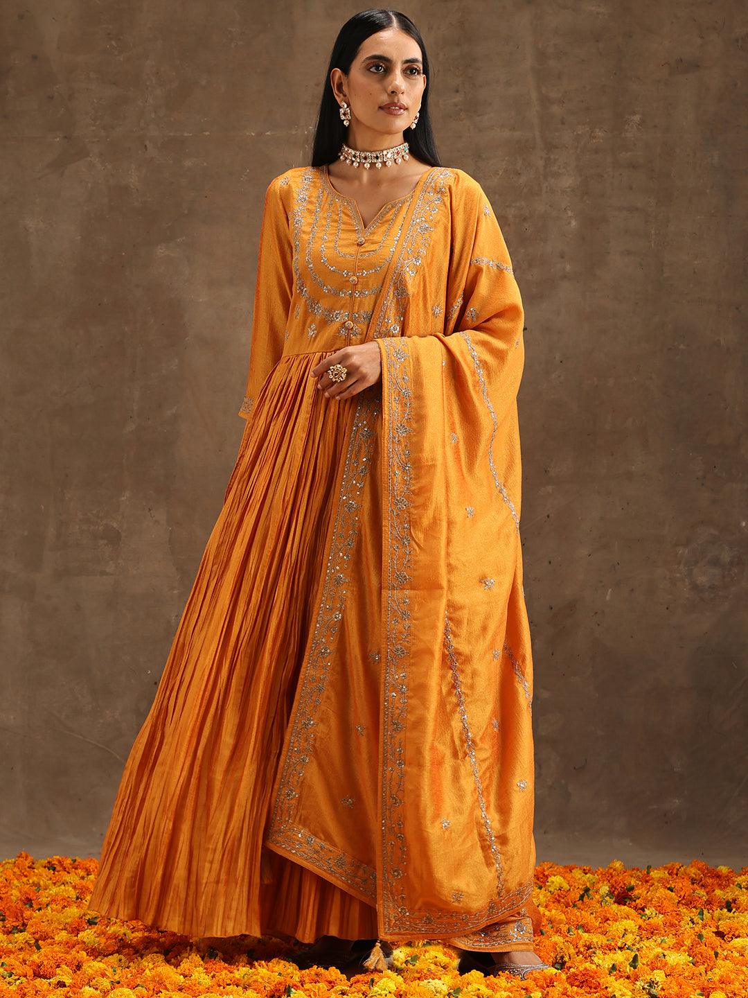 Yellow Embroidered Silk Blend Anarkali Suit Set With Trousers - Libas