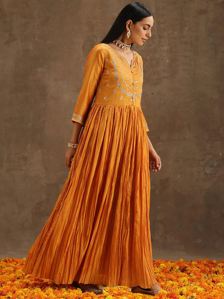 Yellow Embroidered Silk Blend Anarkali Suit Set With Trousers - Libas