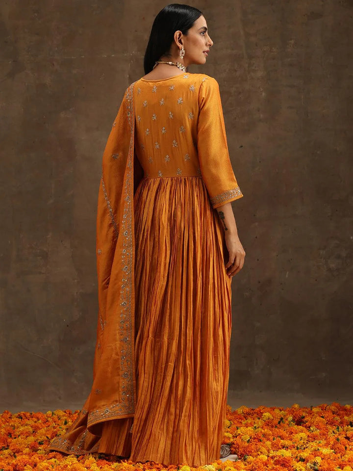 Yellow Embroidered Silk Blend Anarkali Suit Set With Trousers - Libas