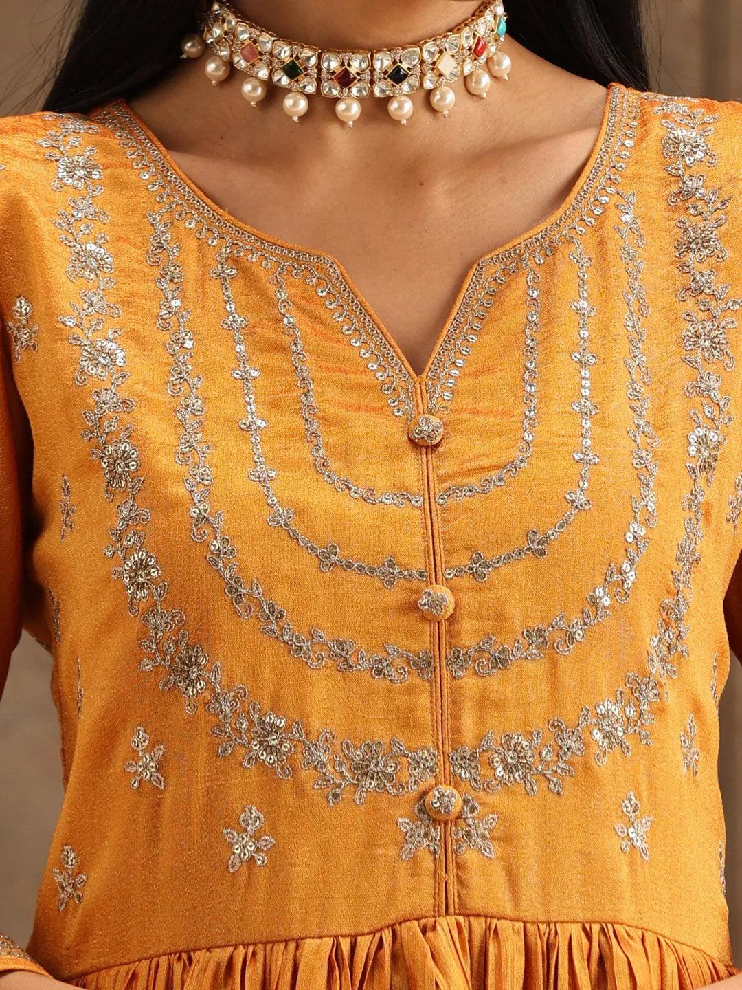 Yellow Embroidered Silk Blend Anarkali Suit Set With Trousers - Libas 