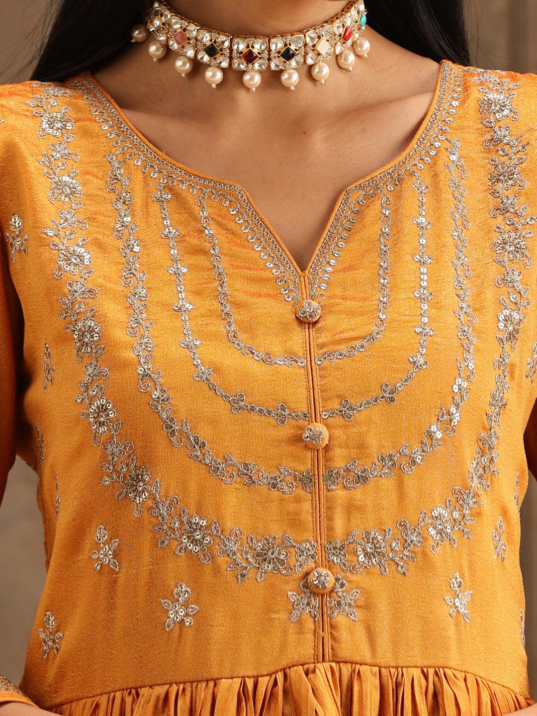 Yellow Embroidered Silk Blend Anarkali Suit Set With Trousers - Libas