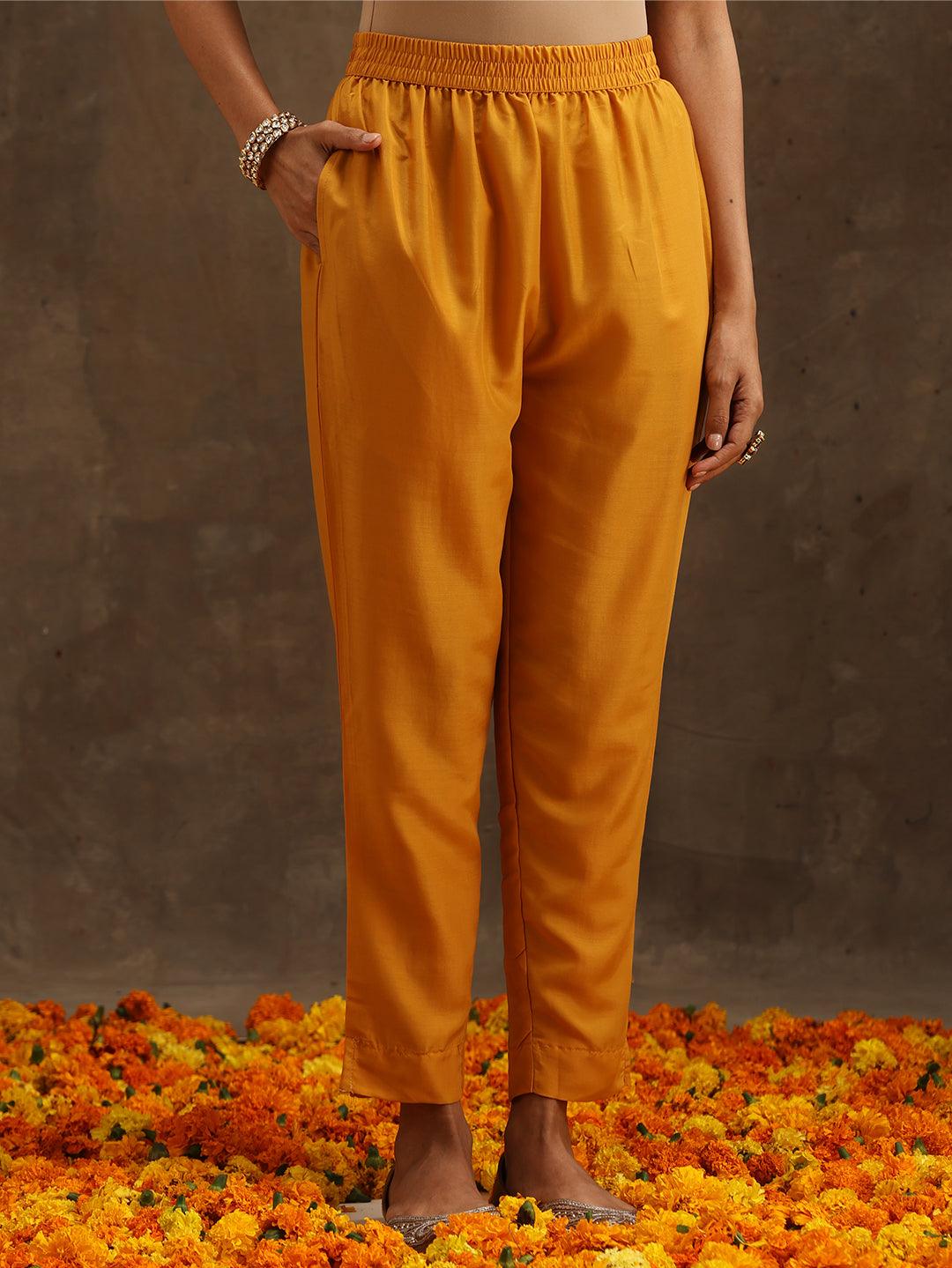 Yellow Embroidered Silk Blend Anarkali Kurta With Trousers & Dupatta