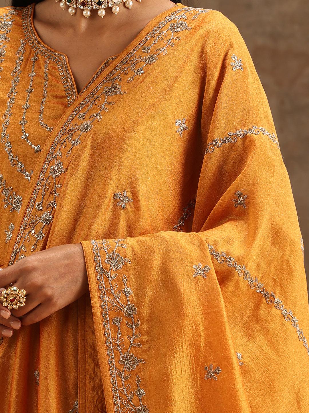 Yellow Embroidered Silk Blend Anarkali Kurta With Trousers & Dupatta