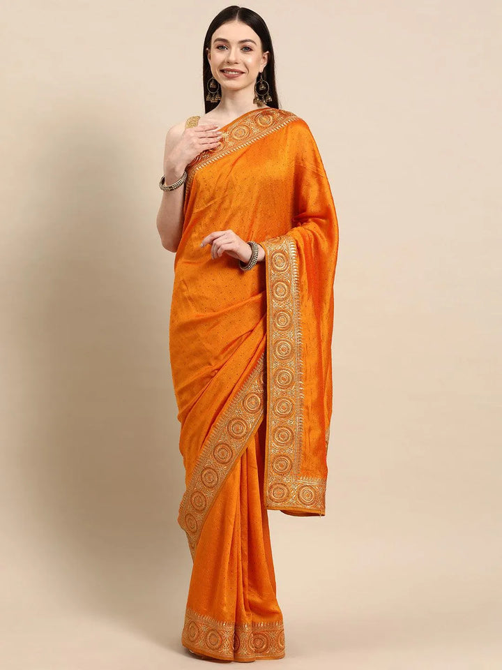 Yellow Embroidered Silk Blend Saree - Libas