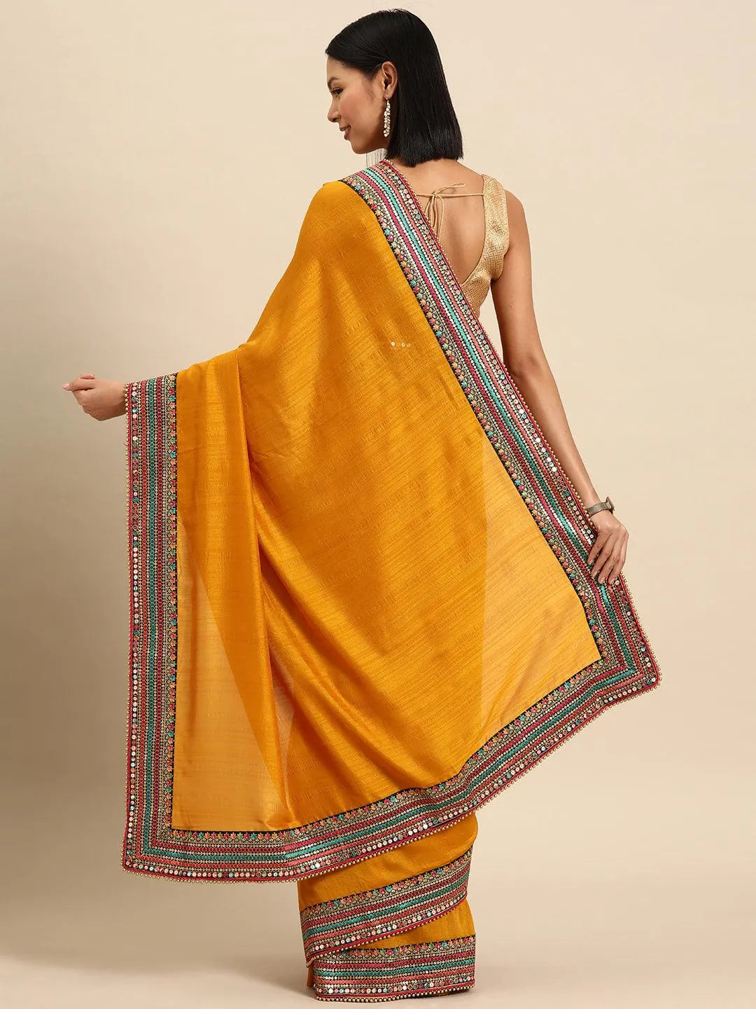 Yellow Embroidered Silk Blend Saree - Libas 