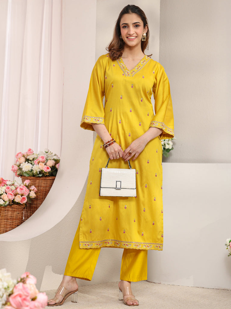 Libas Yellow Embroidered Silk Blend Straight Kurta