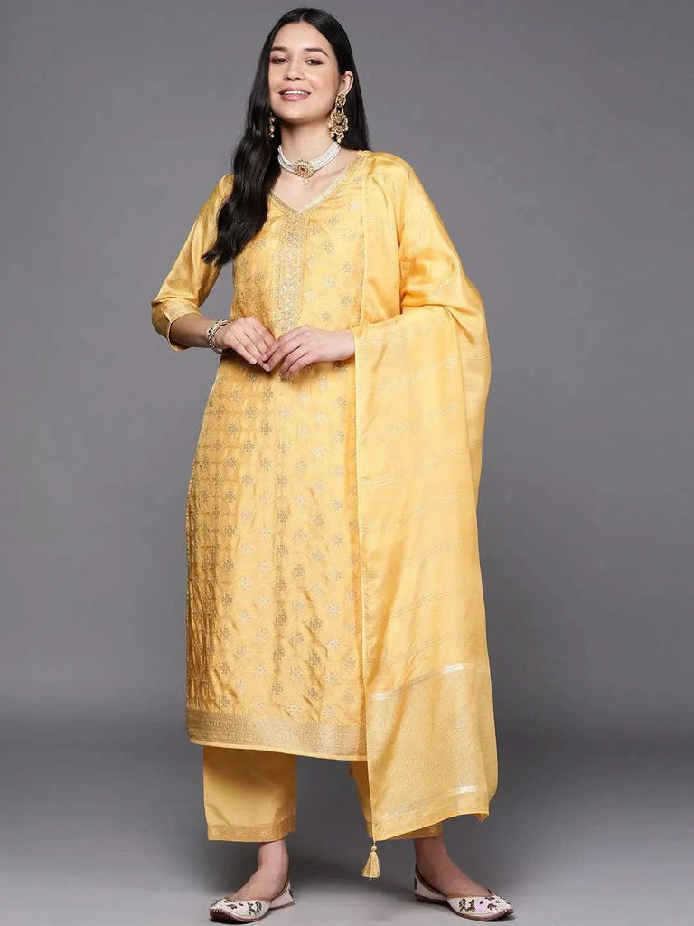 Libas Yellow Embroidered Silk Blend Straight Kurta With Trousers & Dupatta