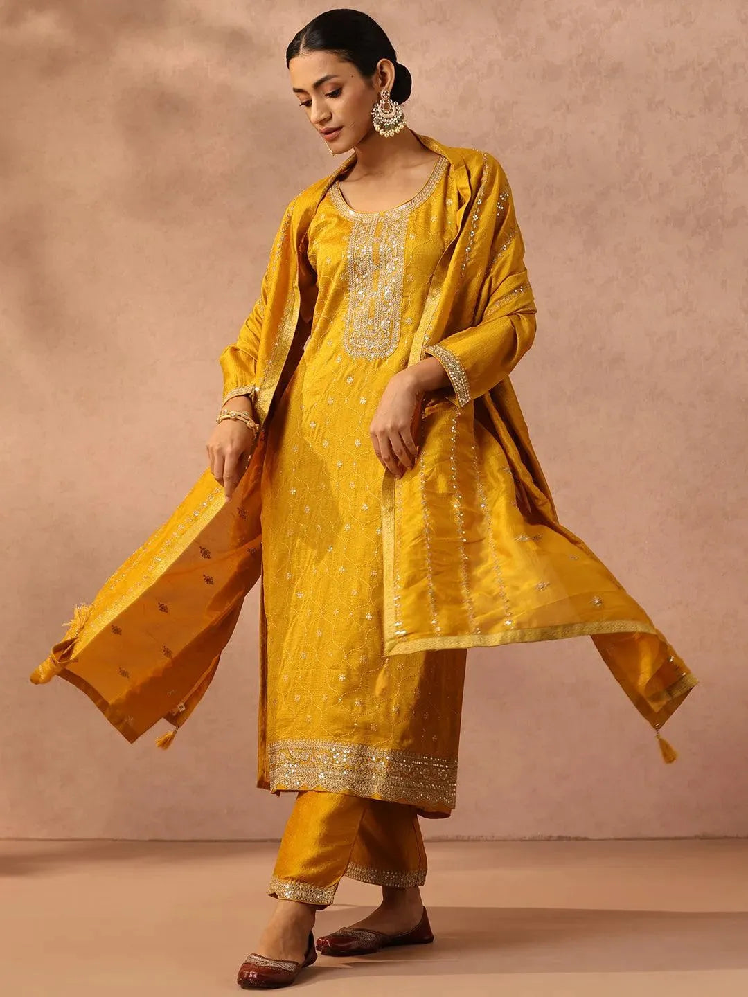 

Yellow Embroidered Silk Blend Straight Kurta With Trousers & Dupatta