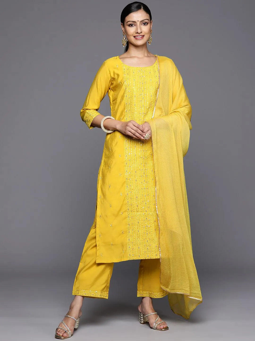 Yellow Embroidered Silk Blend Straight Kurta With Trousers & Dupatta - Libas 