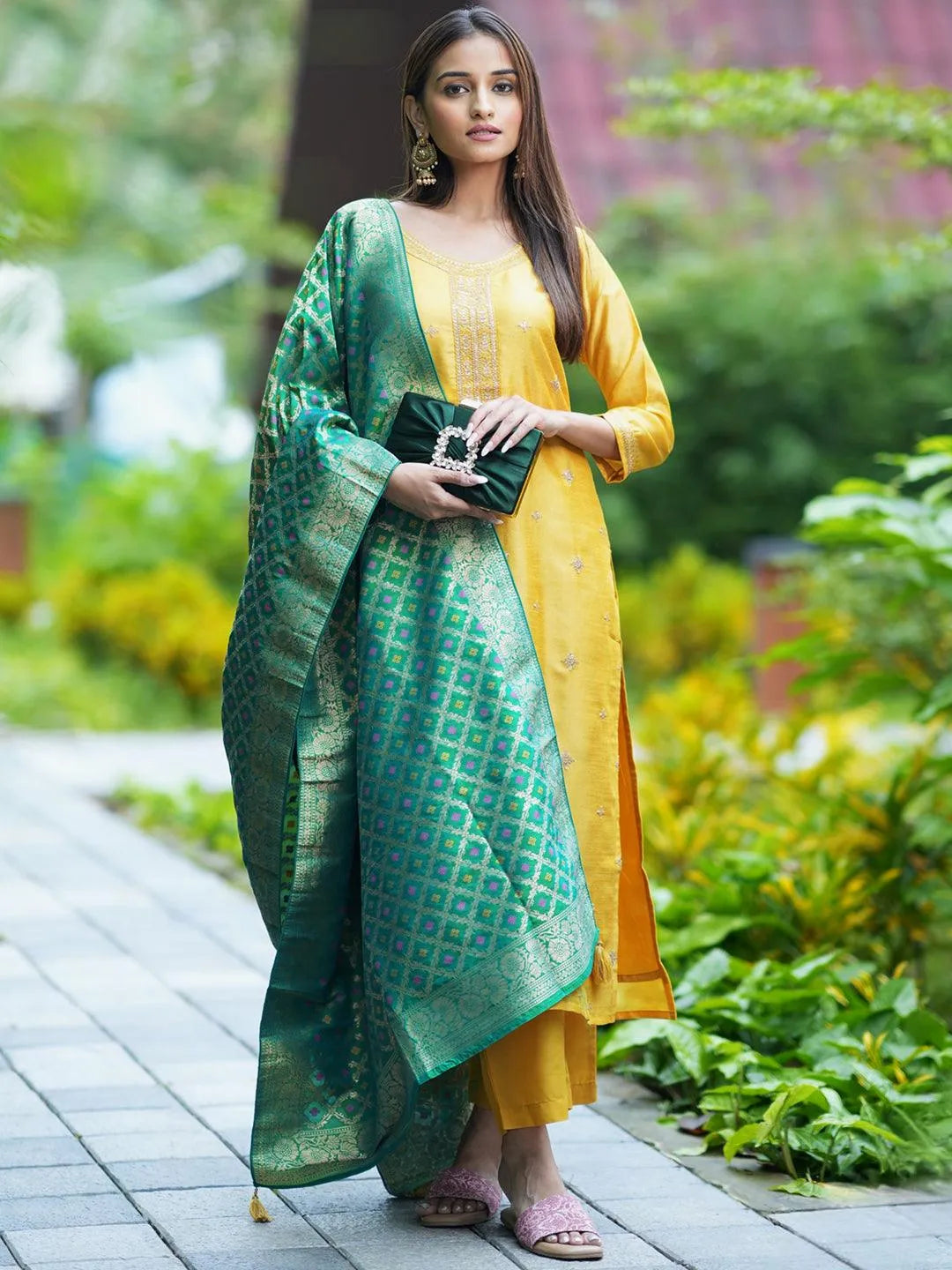 Yellow Embroidered Silk Blend Straight Kurta With Trousers & Dupatta - Libas