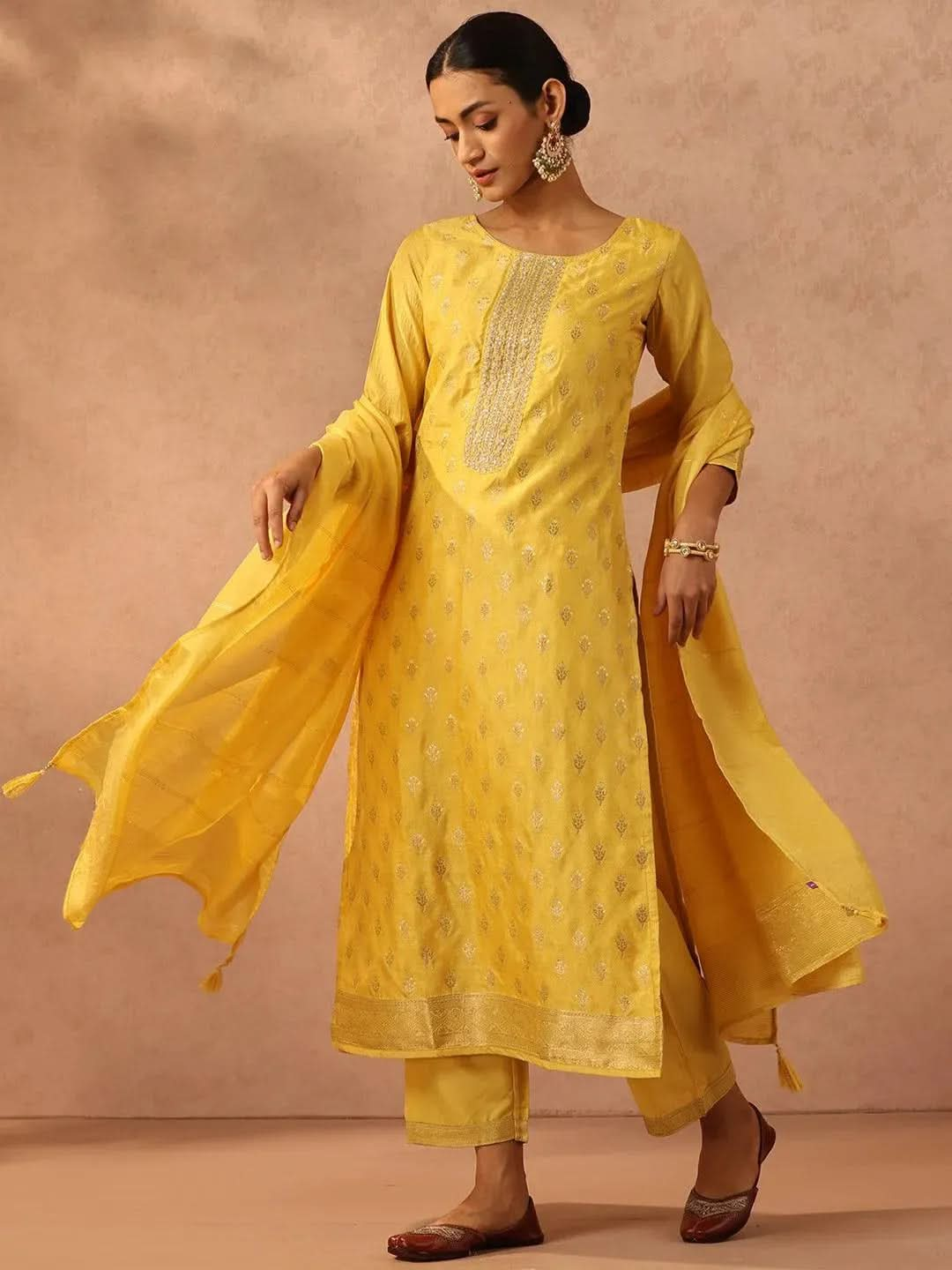 Yellow Embroidered Silk Blend Suit Set With Trousers - Libas