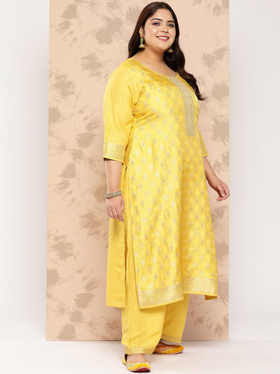 Yellow Embroidered Silk Blend Straight Kurta With Trousers and Dupatta - Libas