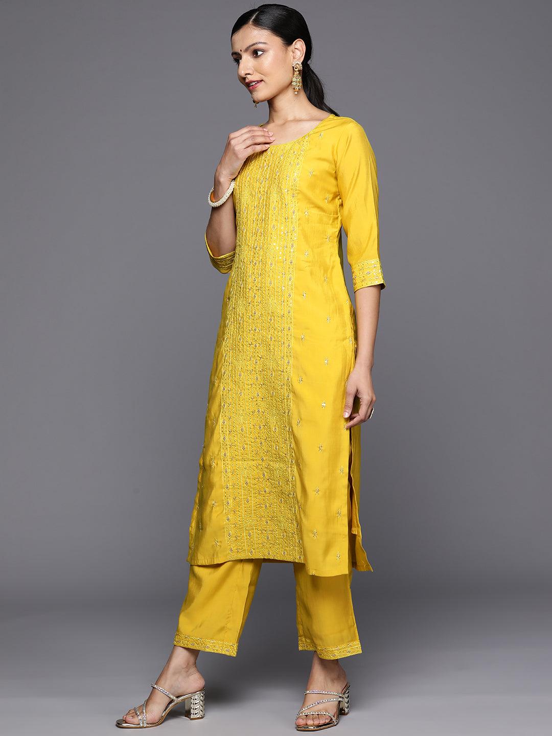Yellow Embroidered Silk Blend Straight Kurta With Trousers & Dupatta