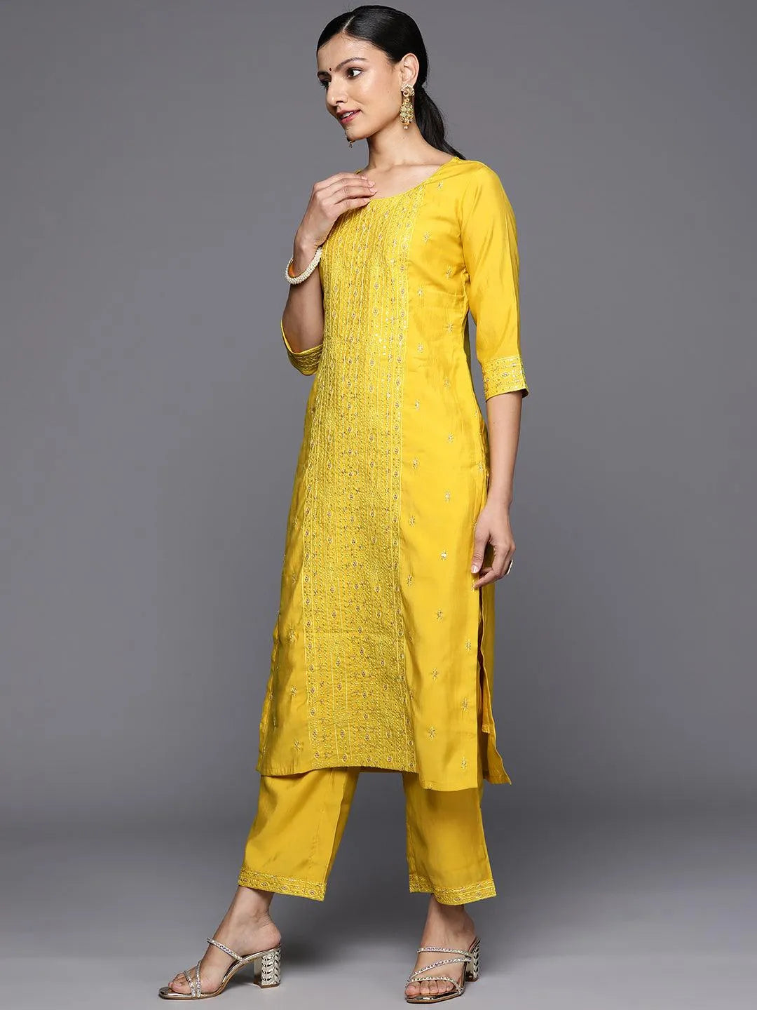 Yellow Embroidered Silk Blend Straight Kurta With Trousers & Dupatta - Libas 