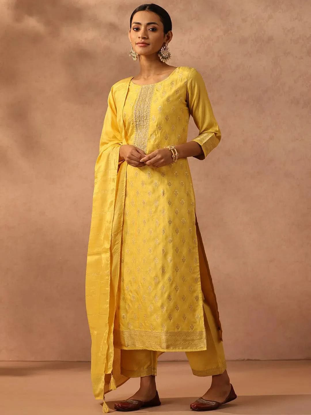 Yellow Embroidered Silk Blend Suit Set With Trousers - Libas 