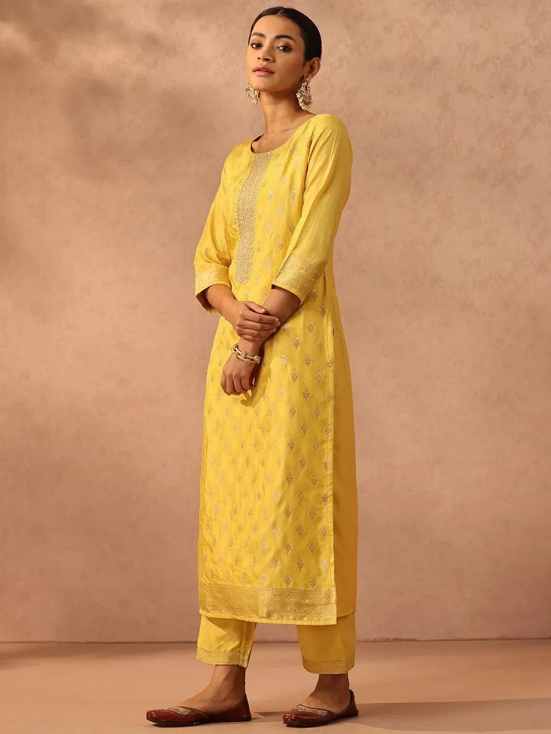 Yellow Embroidered Silk Blend Suit Set With Trousers - Libas 