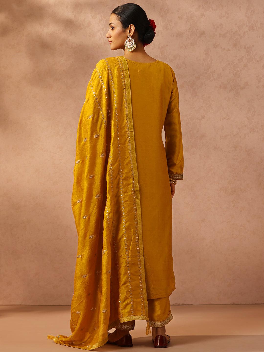 Yellow Embroidered Silk Blend Straight Kurta With Trousers & Dupatta
