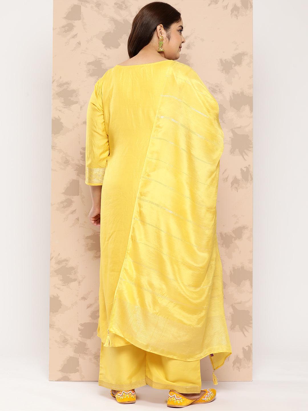Yellow Embroidered Silk Blend Straight Kurta With Trousers and Dupatta - Libas