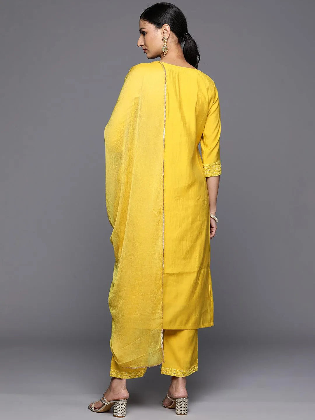 Yellow Embroidered Silk Blend Straight Kurta With Trousers & Dupatta - Libas 
