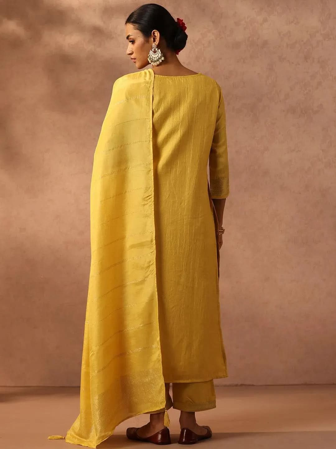 Yellow Embroidered Silk Blend Suit Set With Trousers - Libas 
