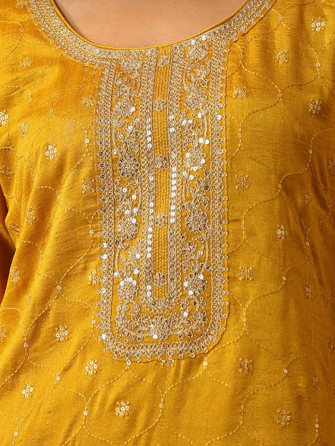 Yellow Embroidered Silk Blend Suit Set With Trousers - Libas