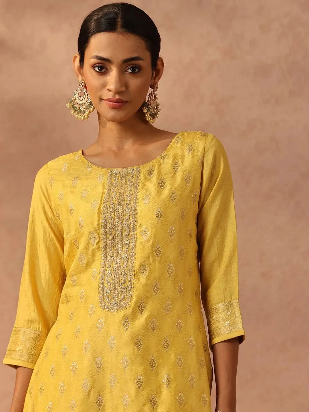 Yellow Embroidered Silk Blend Suit Set With Trousers - Libas 