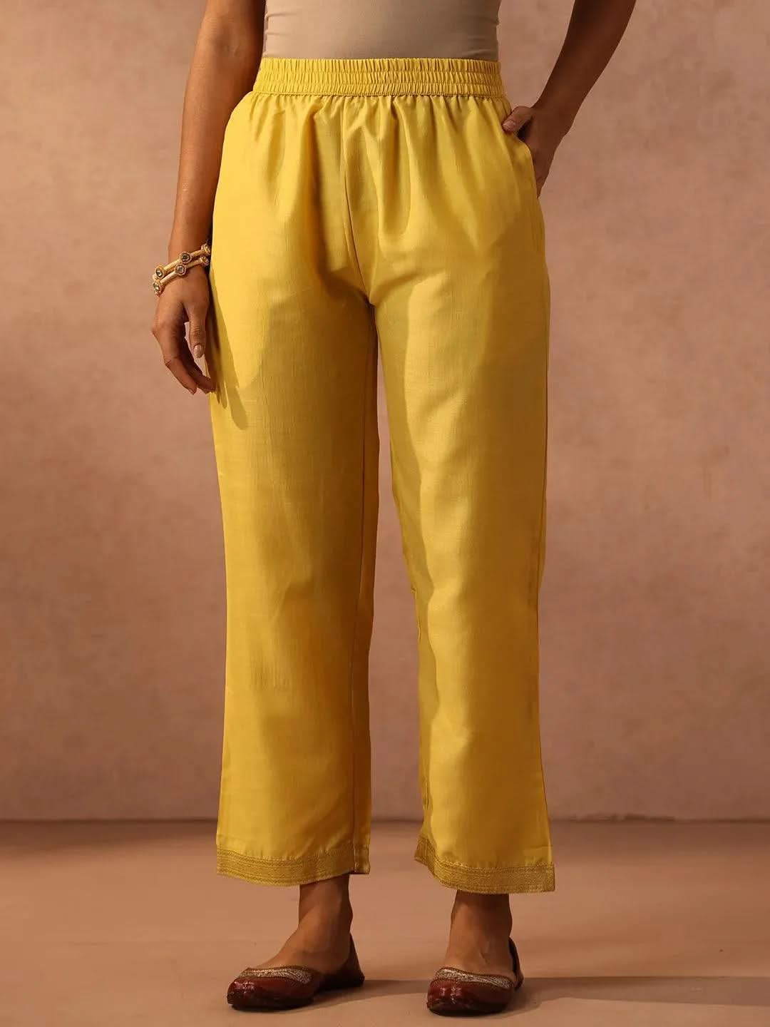Yellow Embroidered Silk Blend Suit Set With Trousers - Libas 