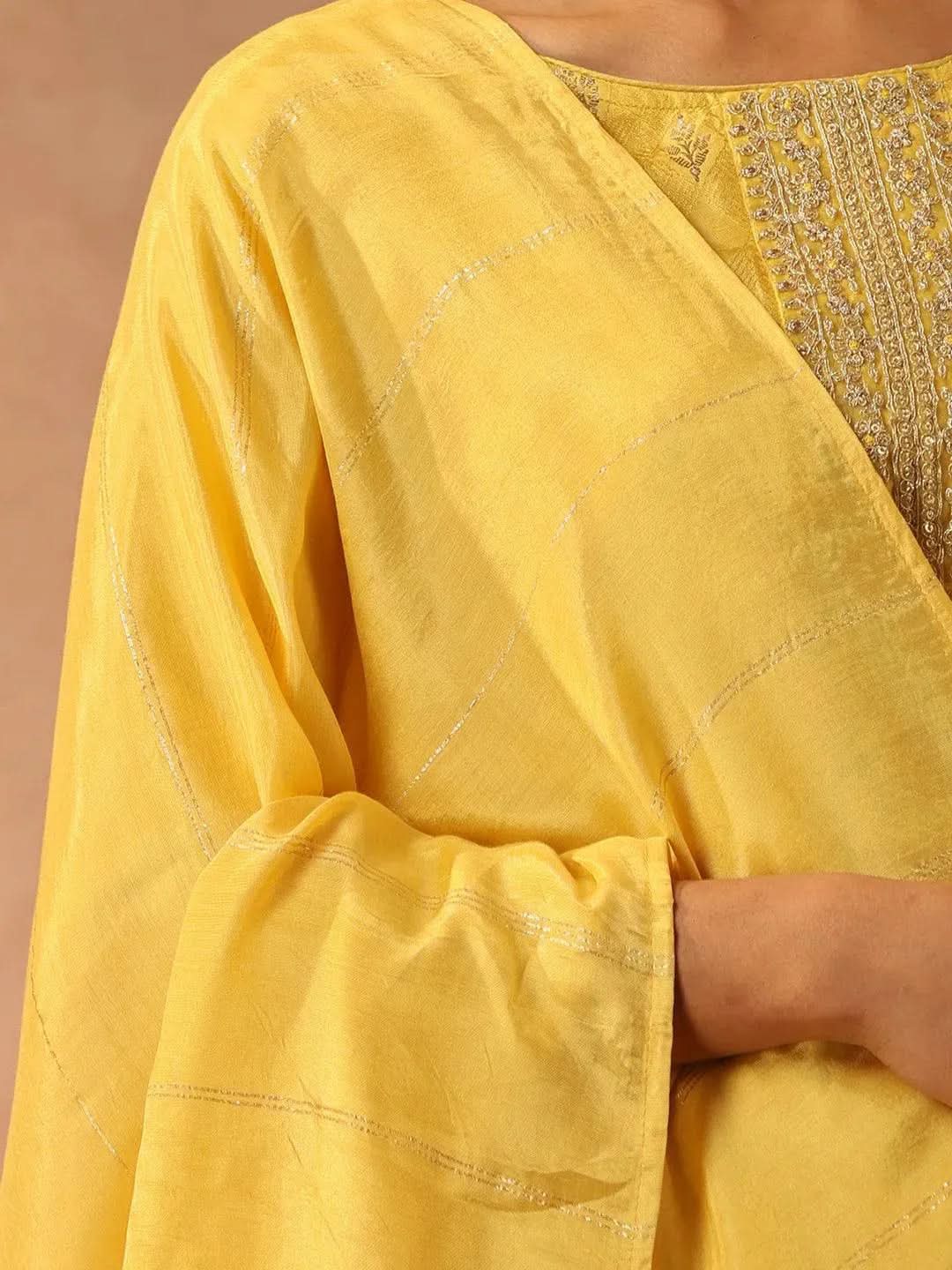 Yellow Embroidered Silk Blend Suit Set With Trousers - Libas 