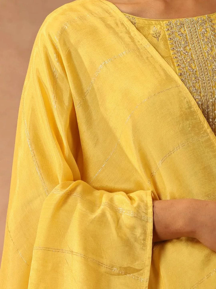 Yellow Embroidered Silk Blend Suit Set With Trousers - Libas