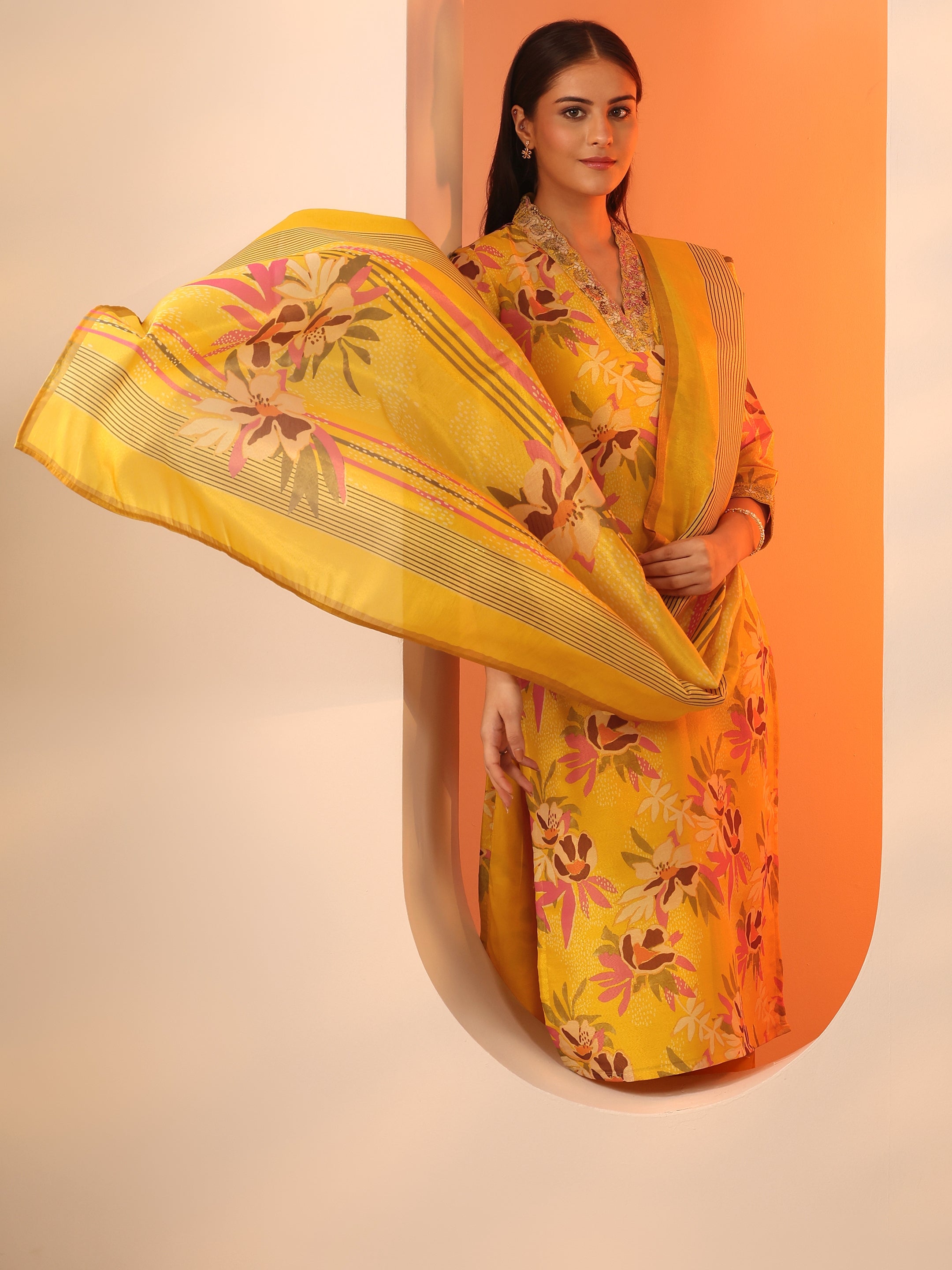libas Yellow Embroidered Silk Blend Straight Suit Set With Dupatta-picture-37