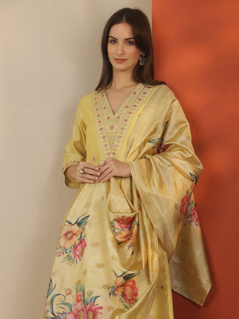 Libas Yellow Embroidered Silk Blend Straight Suit Set With Dupatta