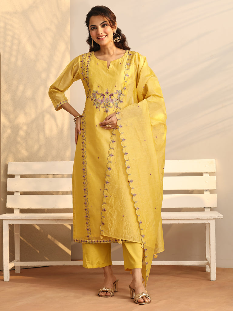 Libas Yellow Embroidered Silk Blend Straight Suit Set With Dupatta