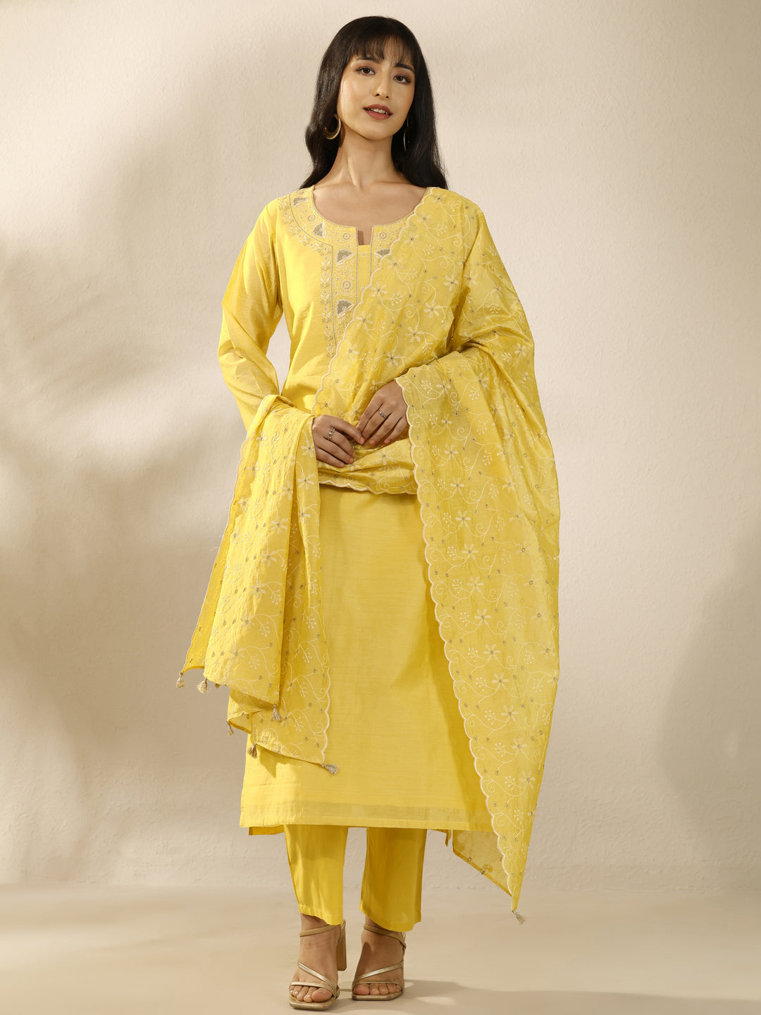  Yellow Embroidered Silk Blend Straight Suit Set With Dupatta 