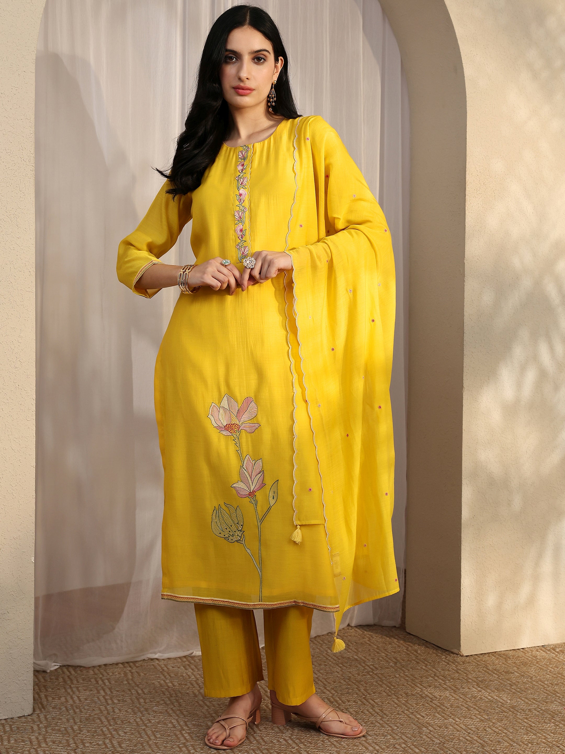 libas Yellow Embroidered Silk Blend Straight Suit Set With Dupatta-picture-27