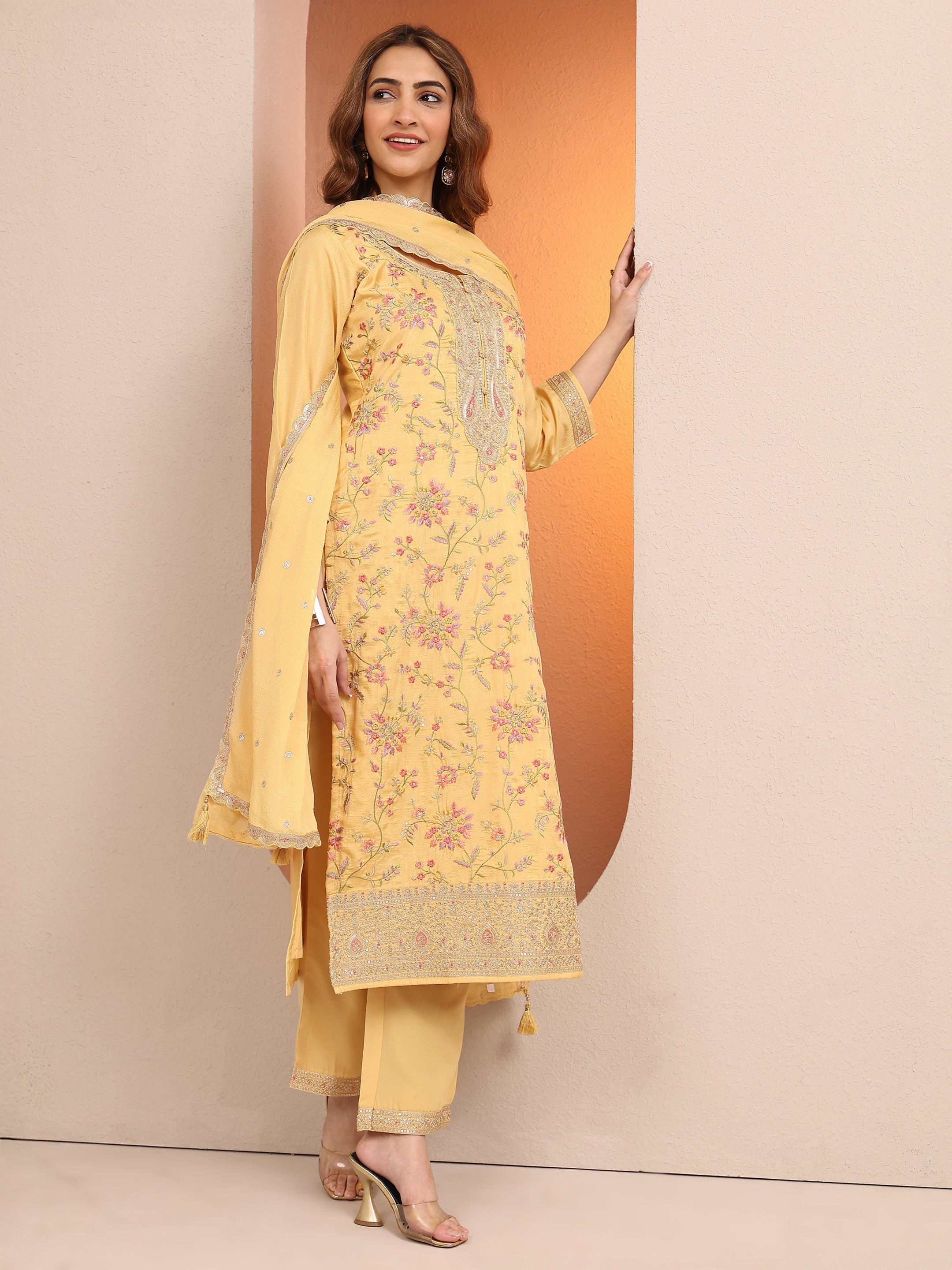 libas Yellow Embroidered Silk blend Straight Suit Set With Dupatta-picture-37