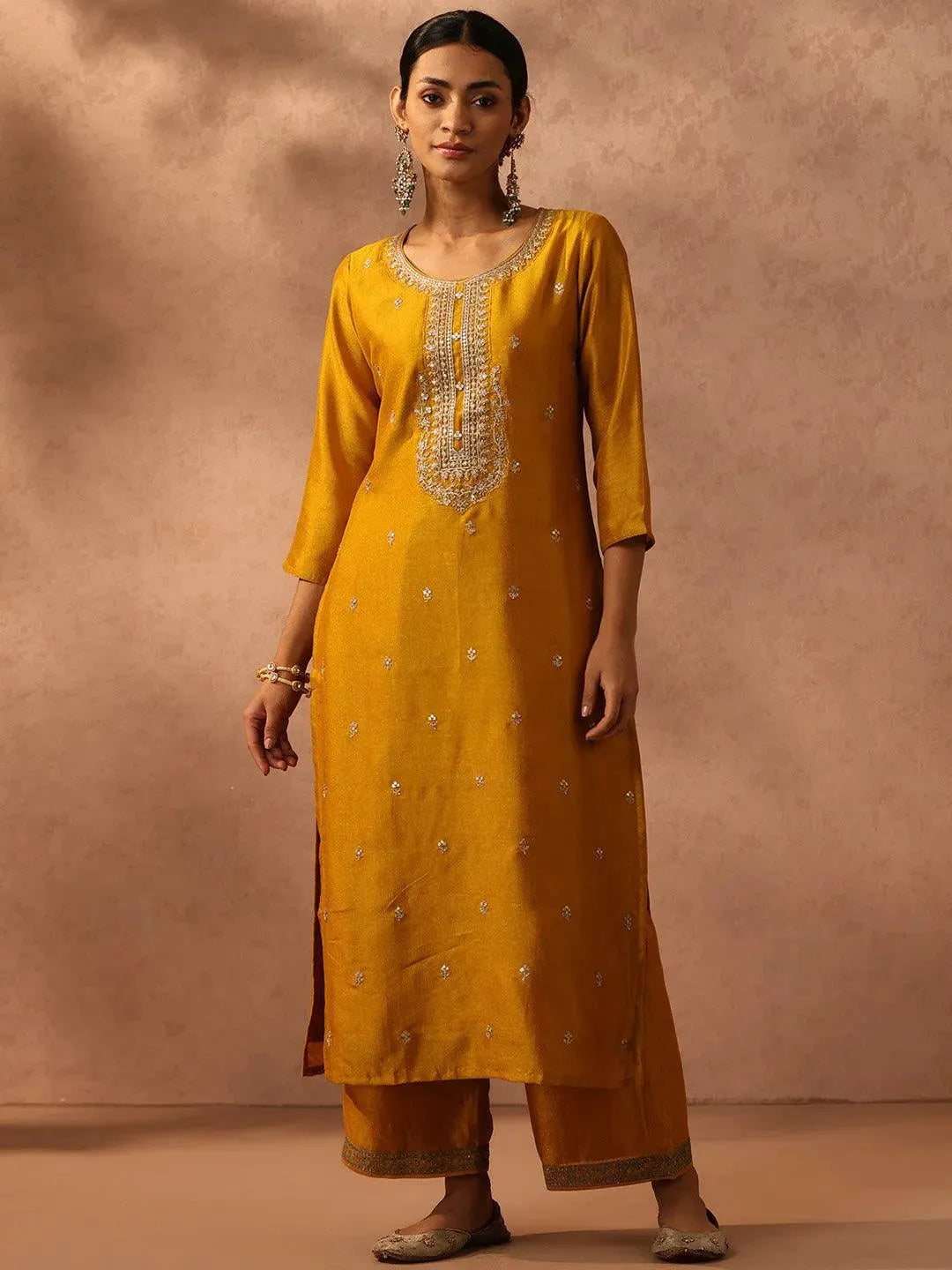 Yellow Embroidered Silk Straight Kurta - Libas