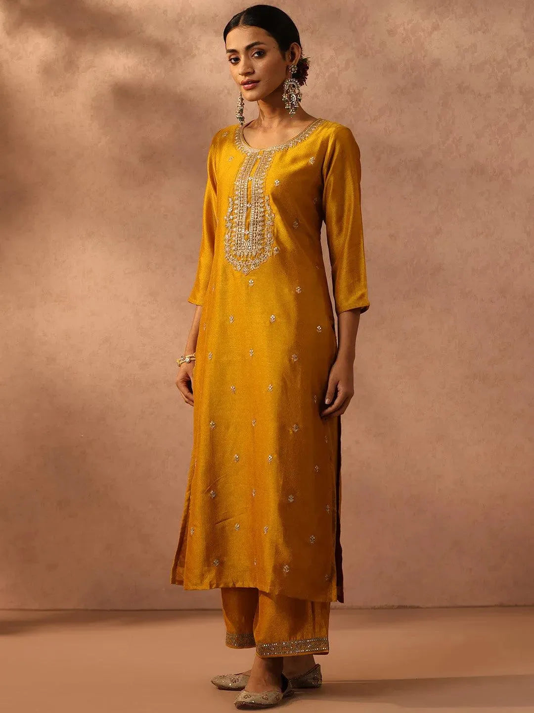 Yellow Embroidered Silk Straight Kurta - Libas 