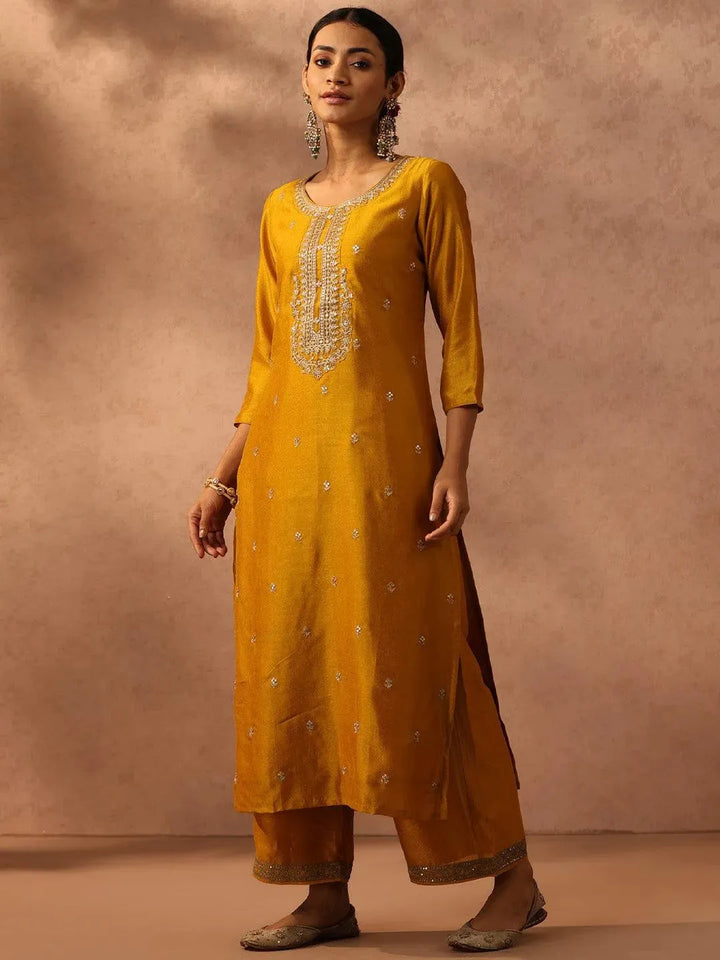 Yellow Embroidered Silk Straight Kurta - Libas