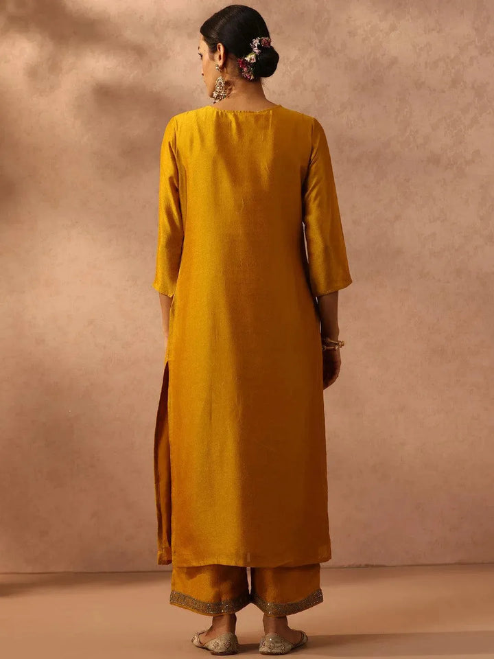 Yellow Embroidered Silk Straight Kurta - Libas