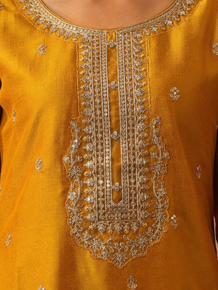 Yellow Embroidered Silk Straight Kurta - Libas