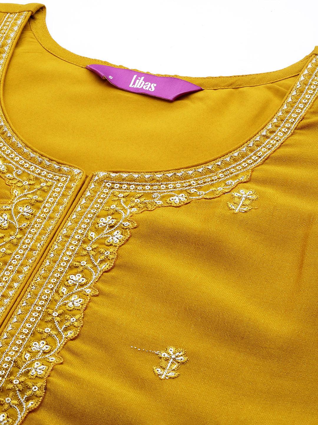 Yellow Embroidered Silk Straight Kurta - Libas
