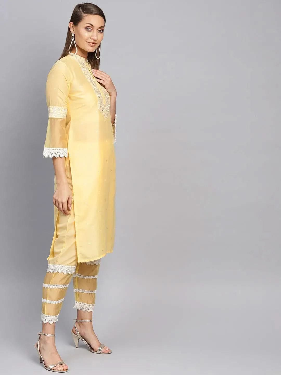 

Yellow Embroidered Silk Straight Kurta With Trousers
