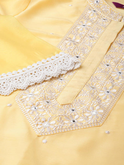 Yellow Embroidered Silk Kurta Set - Libas