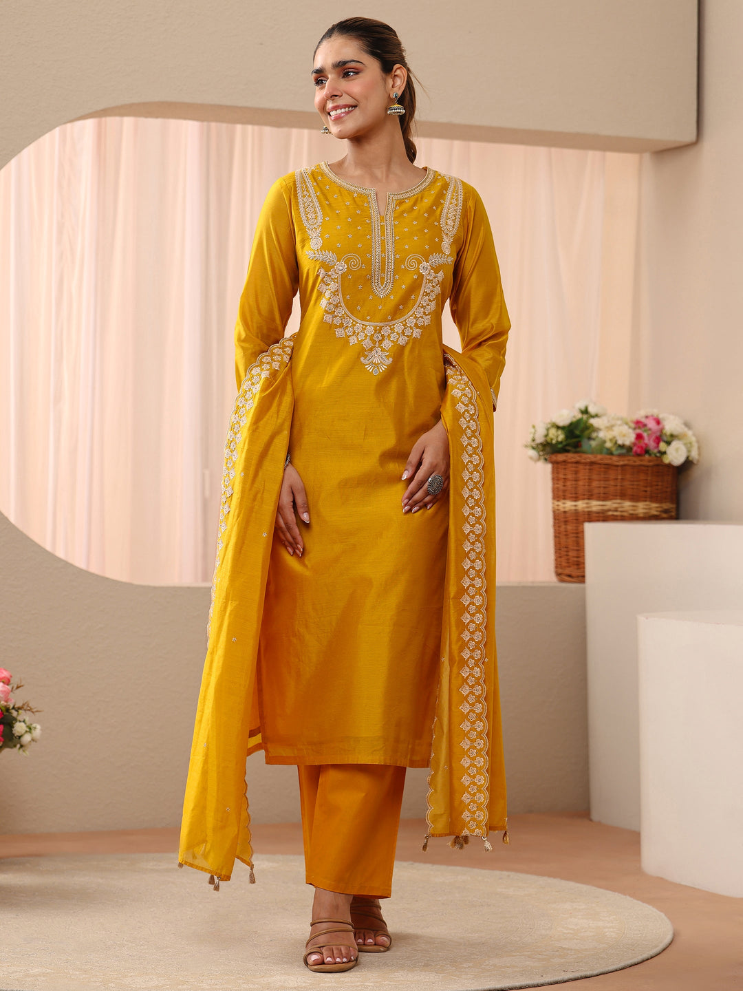  Yellow Ethnic Embroidered Chanderi Silk Straight Suit Set 
