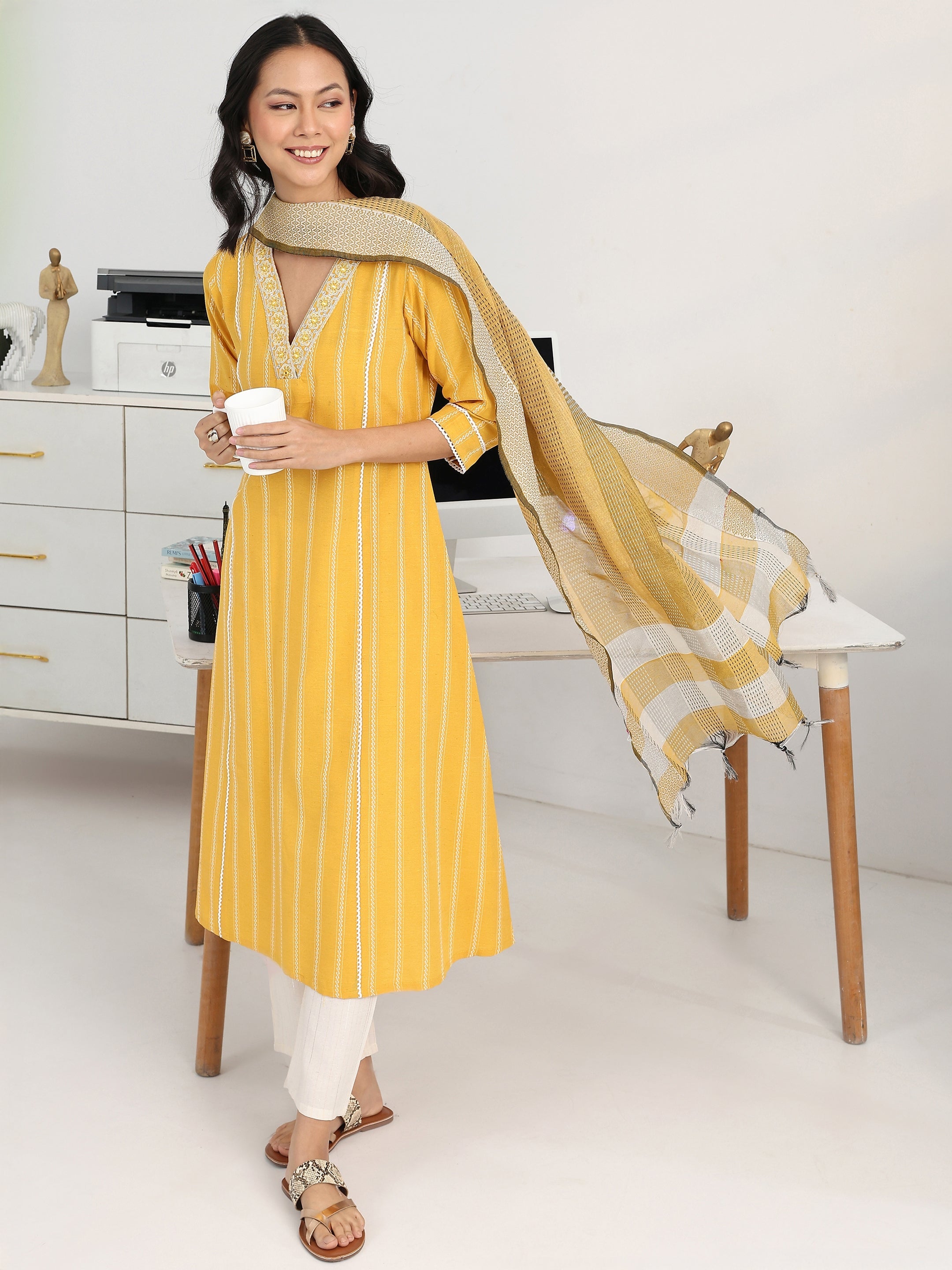 libas Yellow Ethnic Motif Woven Design Cotton Blend A-Line Suit Set With Dupatta-picture-44